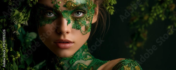 Fototapeta Close-up portrait of a young woman wearing an elaborate green fantasy costume with botanical face paint and floral accessories blending with nature on a dark background