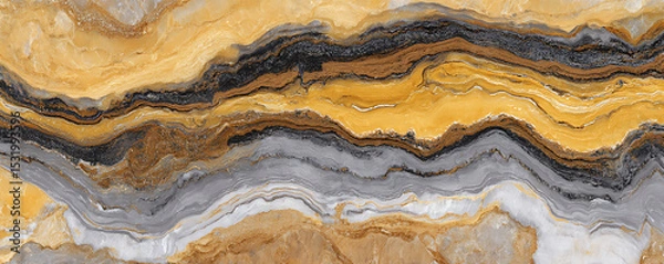 Fototapeta Colorful abstract marble stone texture with flowing yellow, gray, beige, and brown swirls forming layered patterns resembling geological sediment in horizontal formations