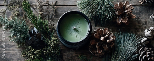 Fototapeta Cozy flat lay featuring a green candle surrounded by pinecones, evergreen foliage, twine, and warm knitted textures in beige and green tones arranged in a rustic seasonal setting