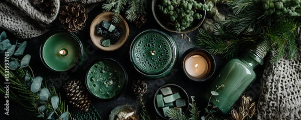 Fototapeta Cozy flat lay featuring a green candle surrounded by pinecones, evergreen foliage, twine, and warm knitted textures in beige and green tones arranged in a rustic seasonal setting