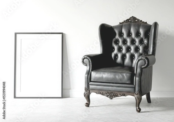 Obraz Black leather wingback chair with frame isolated on white background