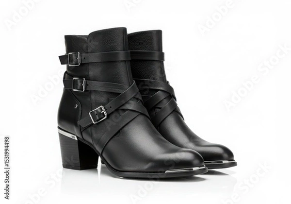 Obraz Black leather ankle boots with buckles isolated on white background