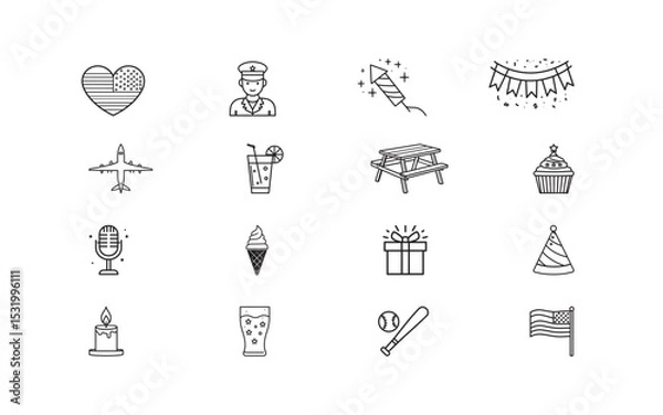 Fototapeta Line-style icons showing symbols of American pride and celebrations such as flags, food, and festivities. Perfect for representing national holidays, celebrations, and patriotic-themed events.

