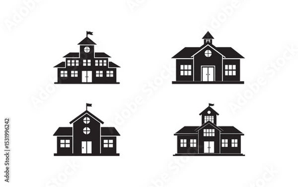 Fototapeta Set of black silhouettes depicting classic school buildings, showcasing details like roofs, windows, and entrances on a plain white backdrop. Useful for educational materials