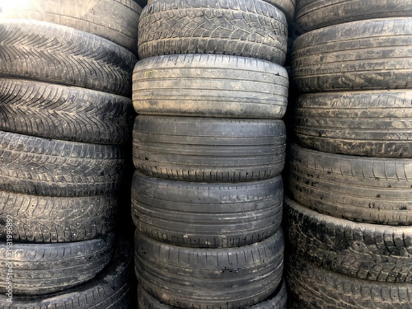 Obraz Stacks of old worn-out rubber for cars.
