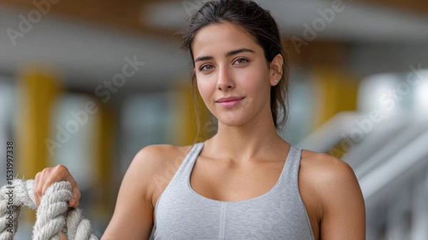 Fototapeta An Arabian woman athlete exercises with battle ropes in a gym.