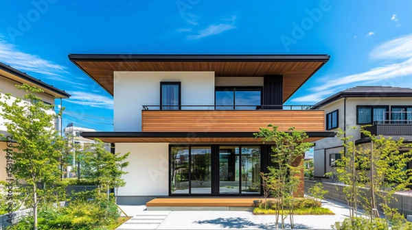 Obraz シンプルな日本の二階建て住宅、戸建て住宅 白