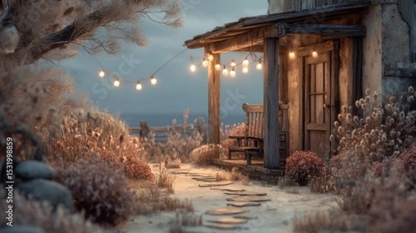 Fototapeta Enchanting rustic coastal cabin with string lights in warm autumnal landscape