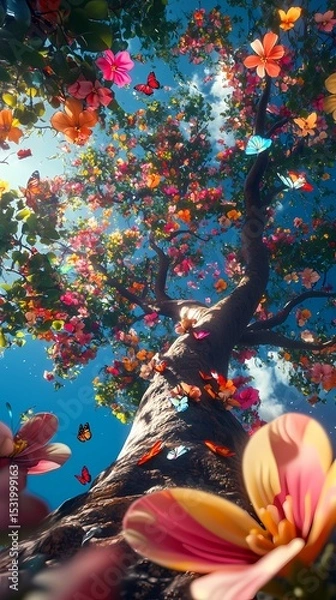 Obraz Colorful trees flowers and butterflies outdoor landscape illustration poster background