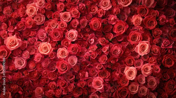 Fototapeta Vibrant display of red and pink roses creates romantic and lush floral background, perfect for celebrations or romantic settings. rich colors and textures evoke feelings of love and passion