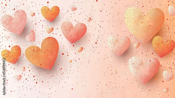 Obraz Collection of textured orange and pink hearts float against soft gradient background, creating romantic and dreamy atmosphere. Small speckles add playful touch