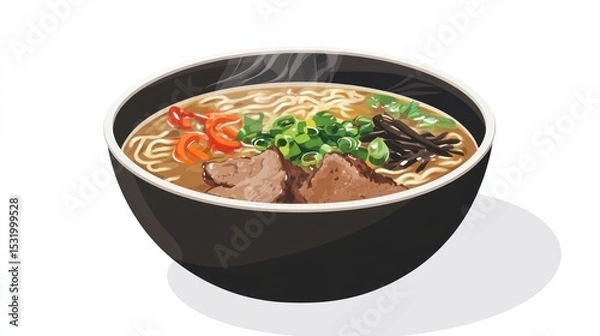 Fototapeta Delicious steaming bowl of ramen noodles, a flavorful Japanese soup with tender beef, fresh vegetables, and aromatic broth.