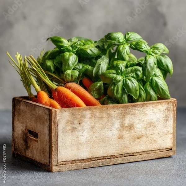Fototapeta Fresh carrots and basil in a wooden crate (3)