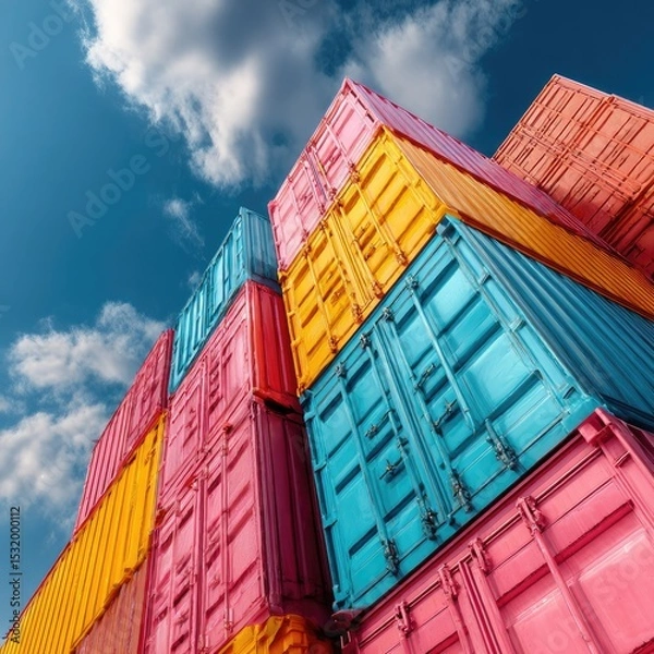 Fototapeta Colorful shipping containers stacked high against a vibrant sky (1)
