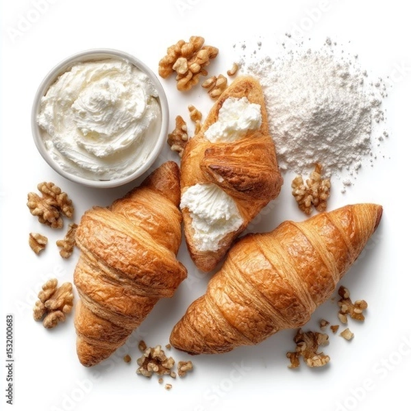 Fototapeta Croissants, cream cheese, walnuts, and flour arranged on a white background