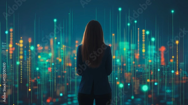 Obraz business woman stands on the peak of success amid tall, innovative Smart city and graphs with statistics to analyze business potential and predict future developments in company growth., innovative
