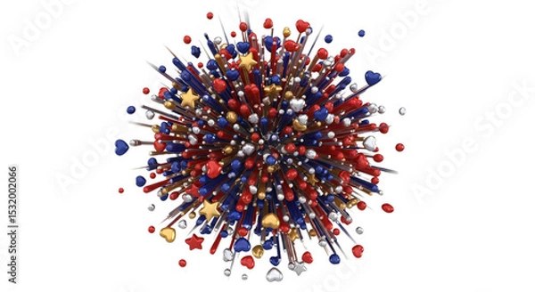 Fototapeta Vibrant red, blue, and gold hearts, stars, and spheres explode in a festive 3D celebration burst, isolated on white & transparent background. Perfect for Fourth of July, New Year's Eve,