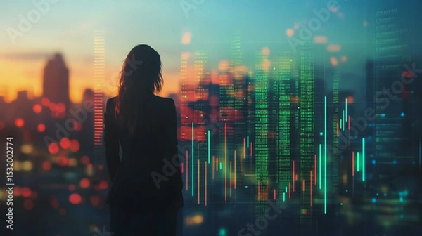 Obraz business woman stands on the peak of success amid tall, innovative Smart city and graphs with statistics to analyze business potential and predict future developments in company growth., innovative
