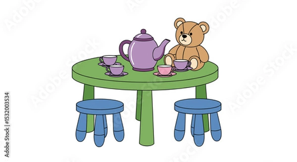 Fototapeta A Small Child's Tea Party with a Teddy Bear on a Green Table