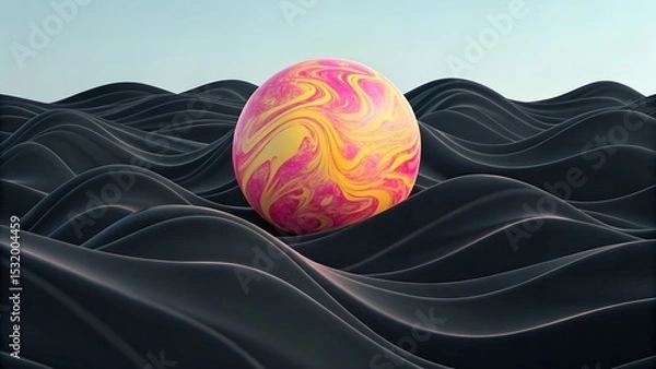Fototapeta Abstract Pink Yellow Sphere on Black Wave Base.
