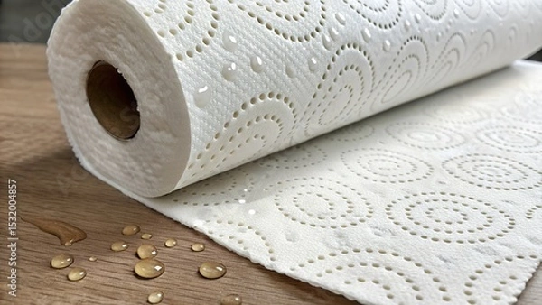 Fototapeta  Close-Up of Rolled Paper Towel Showing Perforation and Wet Patch.