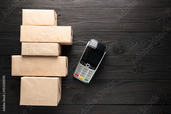 Fototapeta packed parcels and payment terminal on black background