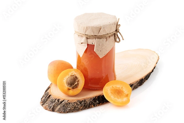 Fototapeta Jar of Apricot Jam with Sliced Apricot on Wooden Stand, Isolated on White
