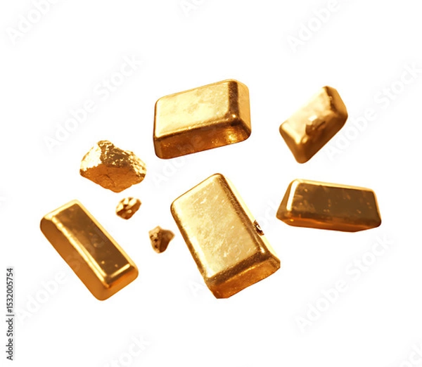 Fototapeta A collection of gold bars and raw gold nuggets falling against a stark white backdground