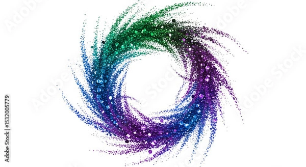 Fototapeta Vibrant green, blue, and purple glitter swirl forming a dynamic circular vortex, isolated on white & transparent background. Perfect for New Year's Eve celebrations, birthday party invitations,