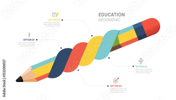 Fototapeta Colorful twisted pencil infographic with 4 steps for education, learning, business, and presentation design, vector.
