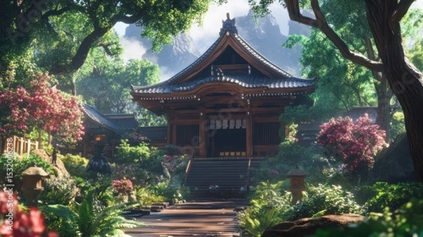 Fototapeta Serene Japanese Temple nestled in lush greenery, surrounded by mountains and blooming flowers. A path leads to the temple's entrance.