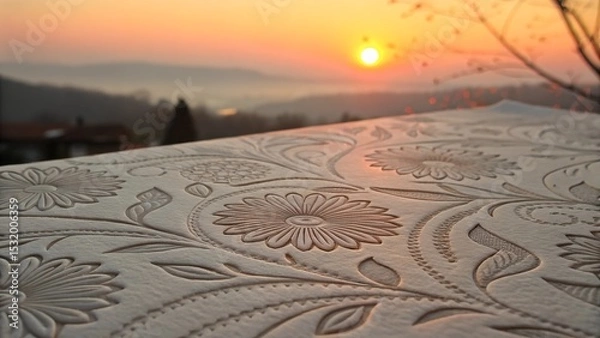 Fototapeta Embossed Paper Pattern with Delicate Shadow and Orange Sun.