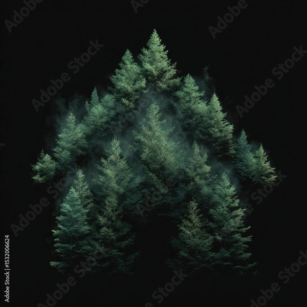 Fototapeta Green forest trees arranged in a house shape, hazy, dark background