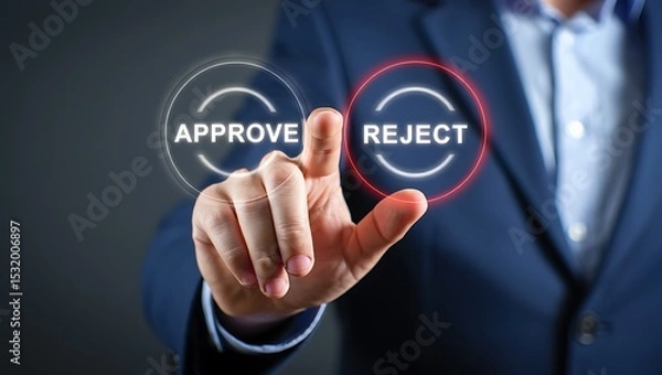 Fototapeta A hand hovers over glowing approve and reject buttons