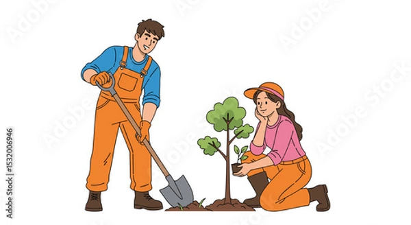 Fototapeta Creating a Greener Future Two People Planting a Young Tree Together with Care