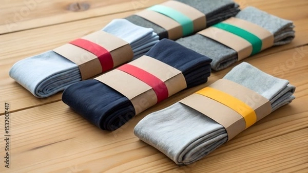 Fototapeta Folded Socks Tied with Paper Bands on Wooden Surface.