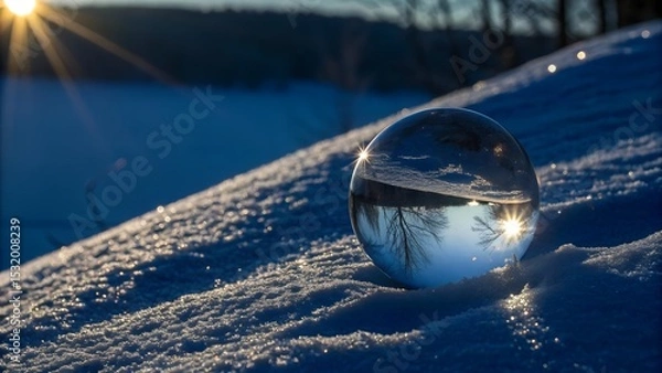 Fototapeta Glass Sphere Reflection on a Dark Blue Surface with Sunlight.