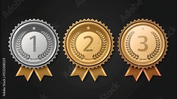 Fototapeta  Gold, silver and bronze metal circle frames 3d vector realistic illustration. First, second and third place medals or buttons isolated on black background. Certified. Quality blank, empty badge set.