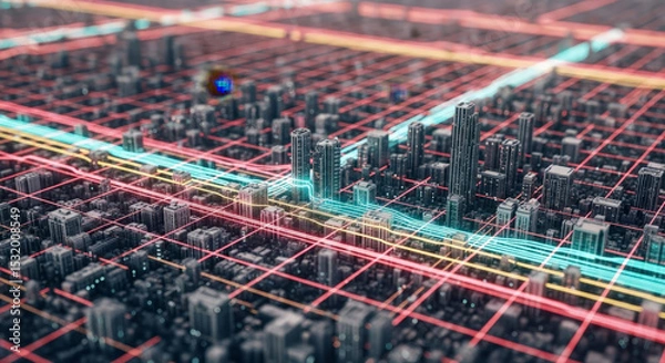 Fototapeta Abstract Digital Cityscape With Grid Lines And Illuminated Structures With Blue And Red Tones