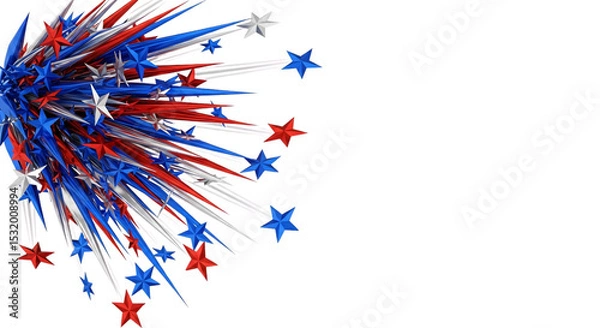 Fototapeta Dynamic red, white, and blue star burst with scattered elements, ideal for Fourth of July, Memorial Day, patriotic holidays, political campaigns, US elections, and national event advertising.