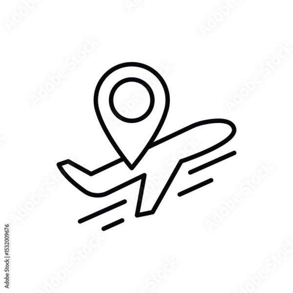 Obraz Navigation Pin with Flying Airplane Icon Thin Line Outline Style for Travel and Flight Path