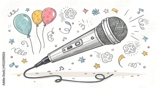 Fototapeta Hand drawn microphone isolated on a white background. Celebration elements. Doodle, simple outline illustration. It can be used for decoration of textile, paper.