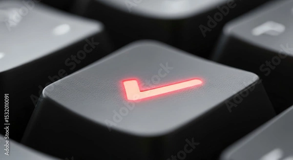 Fototapeta Close Up View Of Illuminated Checkmark On Computer Keyboard Key In Dark Setting