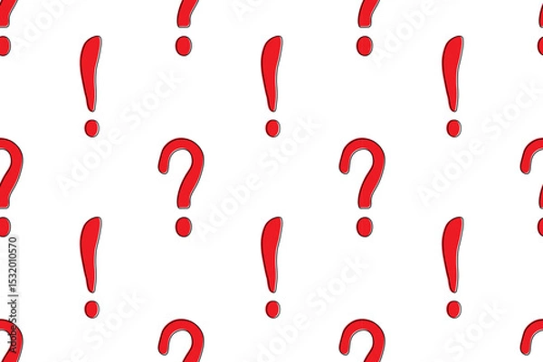 Obraz Beautiful seamless exclamation mark and question mark pattern on white background. Red symbols and signs. Flat design. For wallpaper, textiles, packaging, background, website.