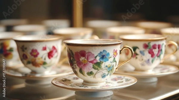 Fototapeta Elegant Floral Teacups: A Delicate Display of Porcelain