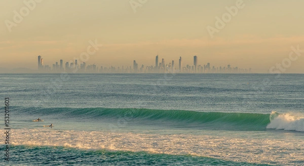 Obraz Looking across from Coolangatta to the Gold Coast skyscrapers on a misty morning. Queensland, Australia.