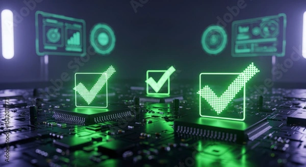 Fototapeta Glowing Green Check Marks On Electronic Circuit Board Displaying Data Analysis And System Verification