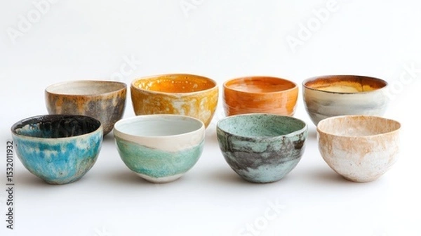 Fototapeta Collection of eight handcrafted ceramic bowls, showcasing unique glaze variations and colors. Artisan pottery, beautiful tableware