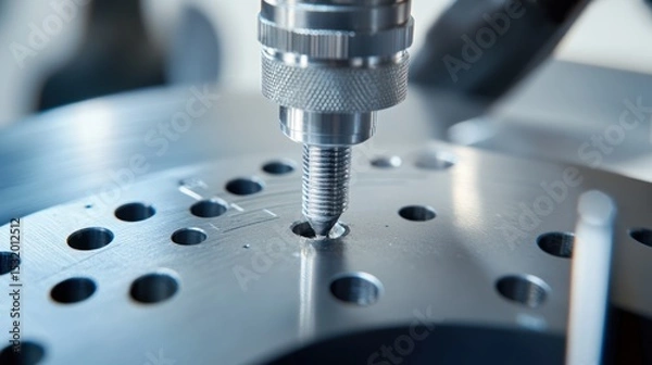 Fototapeta Precision Engineering: Close-up of a CNC Machine Drilling a Metal Plate