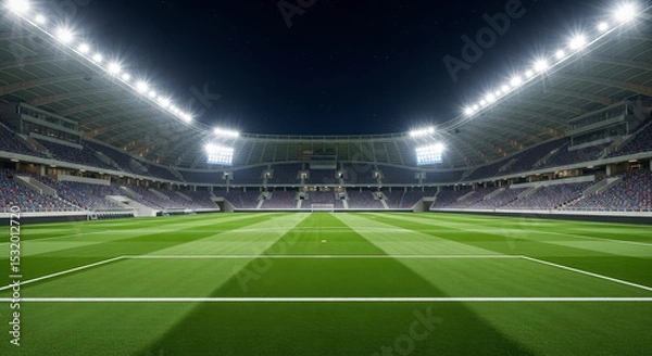 Fototapeta Empty Stadium At Night With Green Field And Bright Lights For Sports Competition And Event